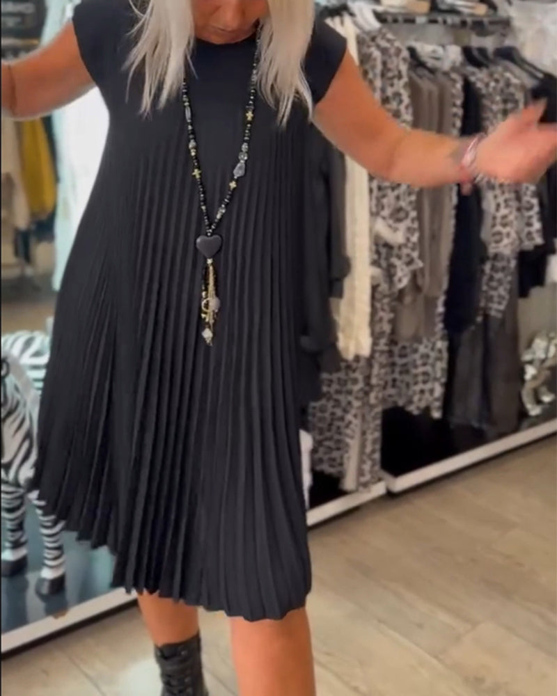 Aumora Round neck solid color pleated casual dress