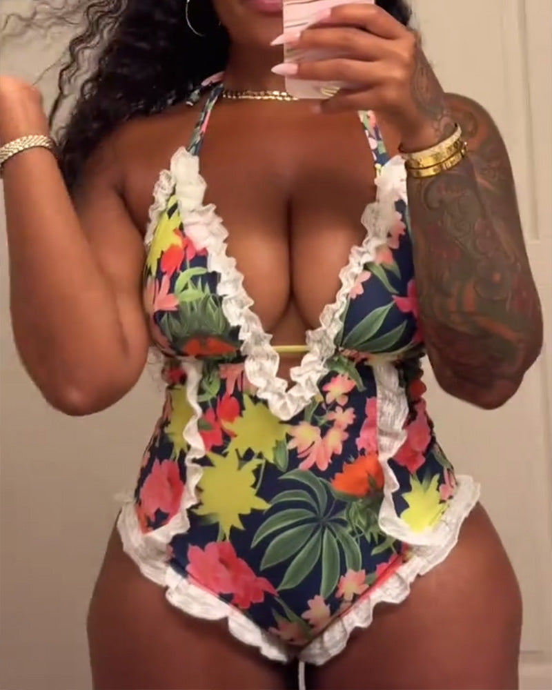 Elegant Printed Lace One-Piece Swimsuit