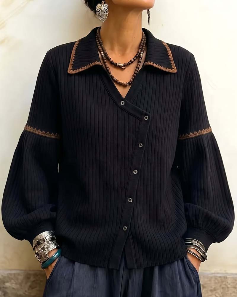 Lapel Button Lantern Sleeve Coat