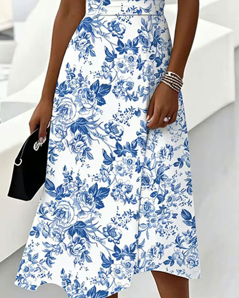 Blue and White Porcelain Print V-Neck Waist-Cinching Dress