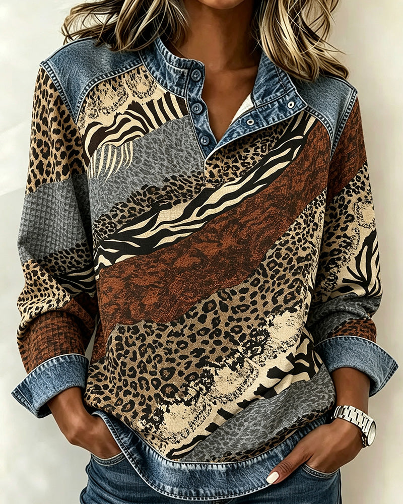 Patchwork Leopard Button Blouse