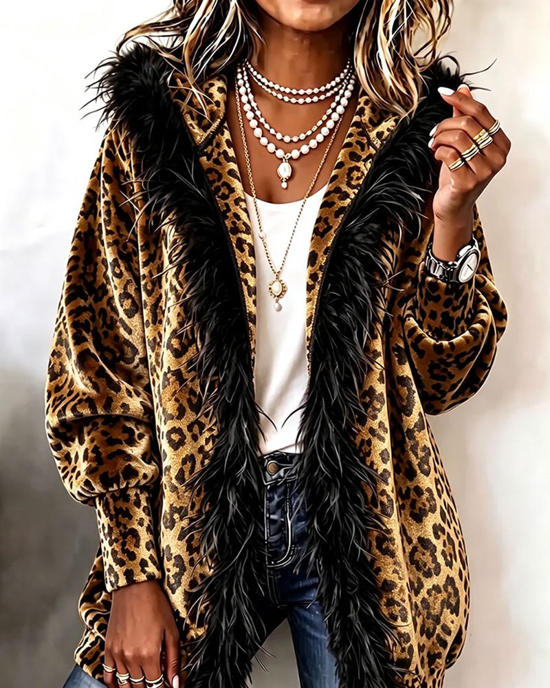 Leopard Print Plush Hooded Coat