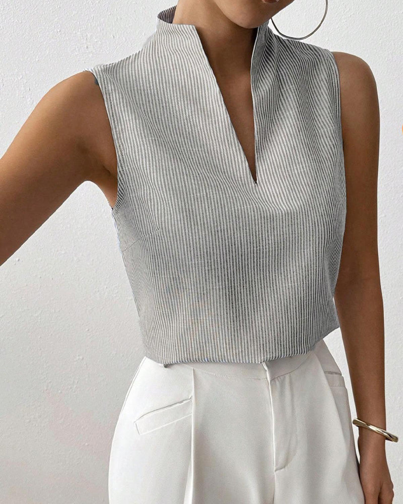 Sleeveless V-Neck Striped Blouse