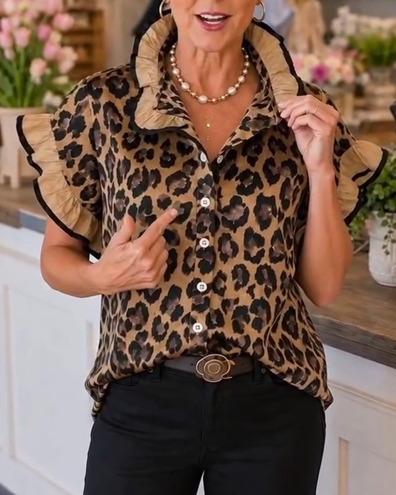 Leopard Ruffle Short Sleeve Blouse