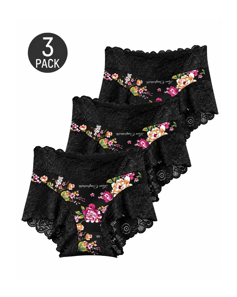 3-Pack High Waist Floral Print Lace Trim Panties