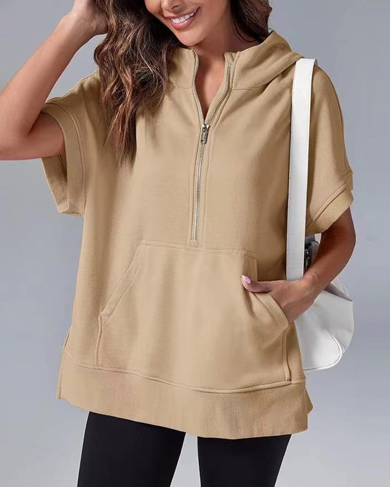 Short Sleeve Partial Zipper Hooded Sweatshirt