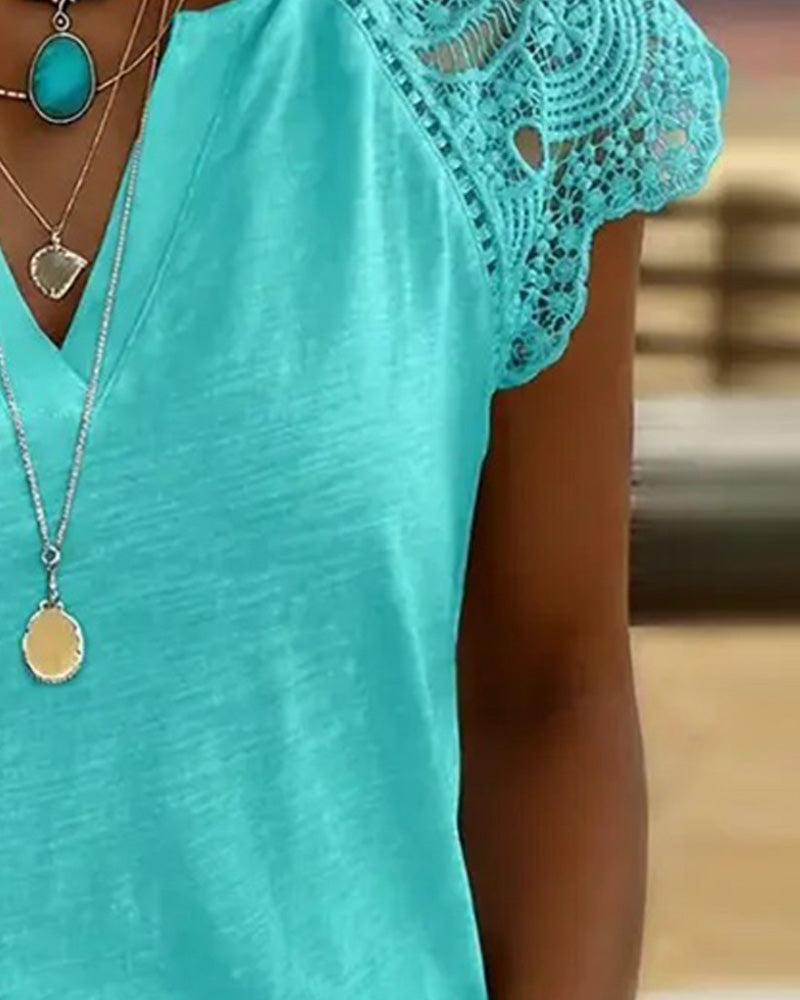 Hollow Lace Sleeve V-Neck T-Shirt