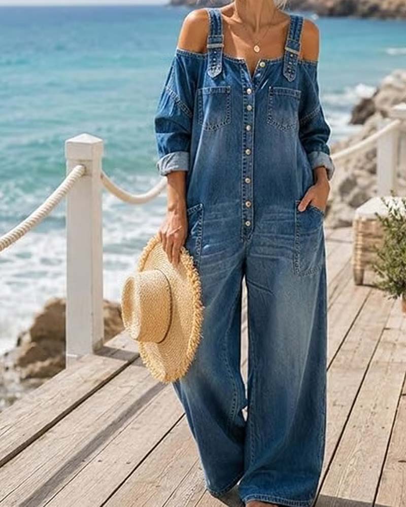 Spaghetti Strap Cold Shoulder Wide-Leg Denim Jumpsuit