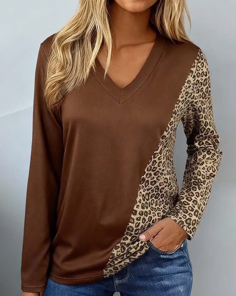 Personality V-Neck Leopard Print Patchwork T-Shirt