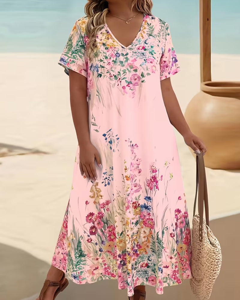 Watercolor Floral V-Neck Dress