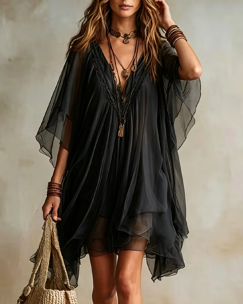 V-neck Irregular Sheer Loose Dress