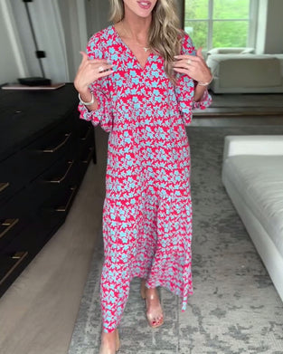 V-neck lantern sleeve floral long dress