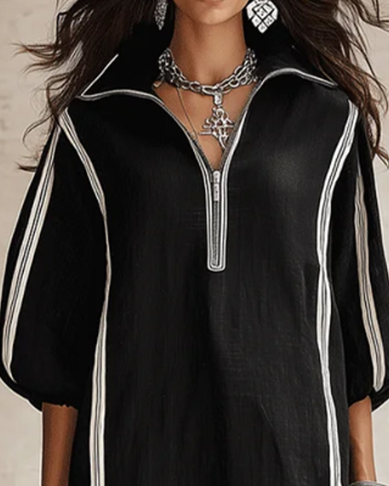 Stripe Zipper Lapel Full-Skirt Dress