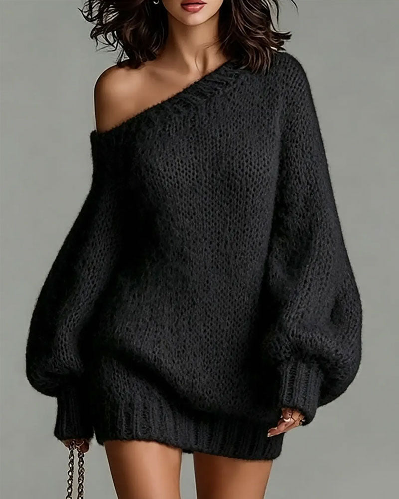 One-Shoulder Lantern Sleeve Off-Shoulder Sweater Dress