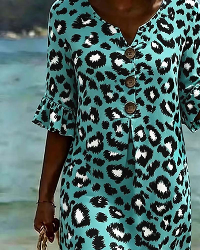 Leopard Print V-Neck Ruffled Dress