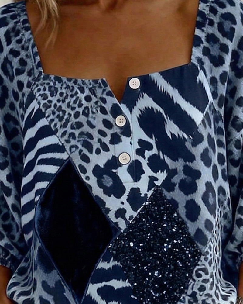 Square Neck Leopard Print Patchwork Sequin Blouse