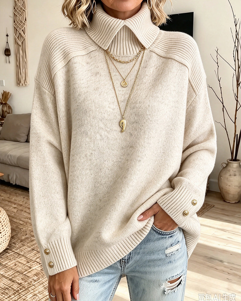 High Collar Buttoned Loose Pullover