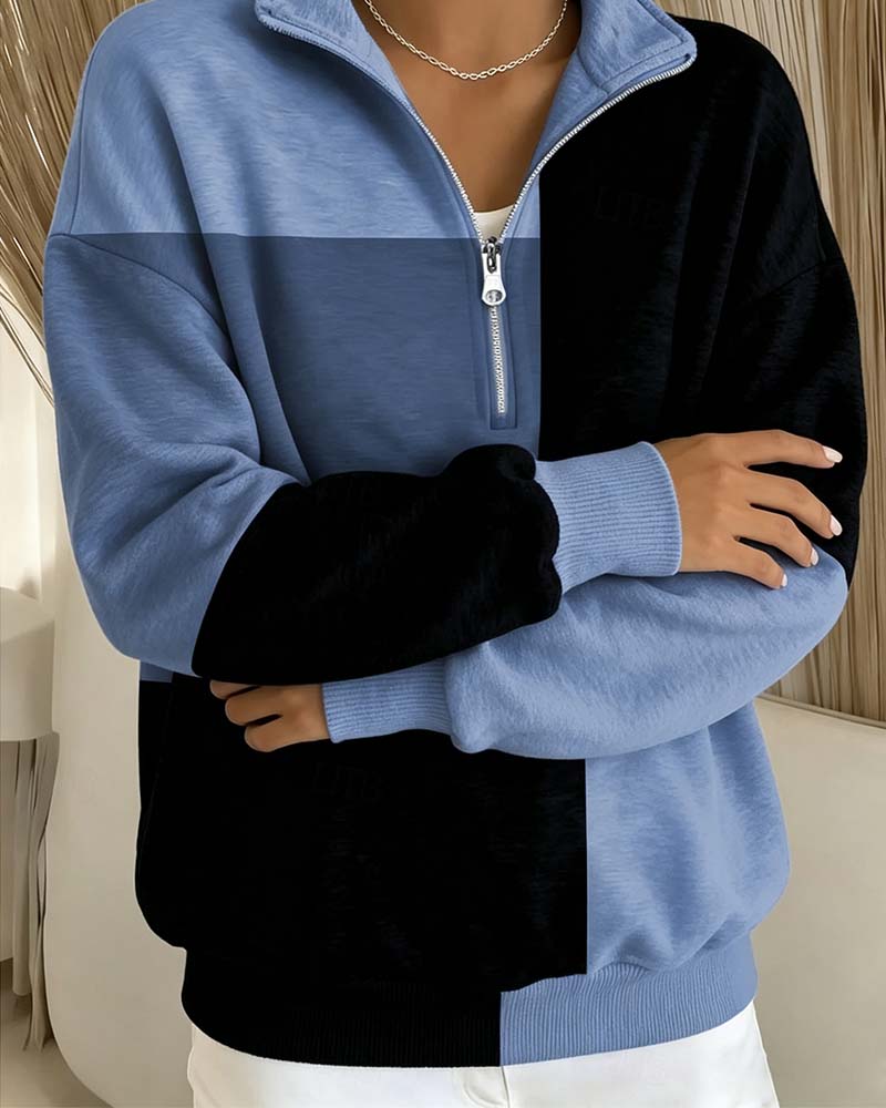 Checkered Colorblock Zip Stand-Collar Sweatshirt