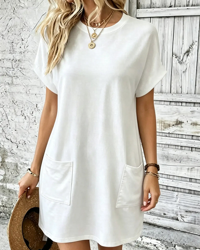 Round Neck Double Pocket Solid Casual Dress