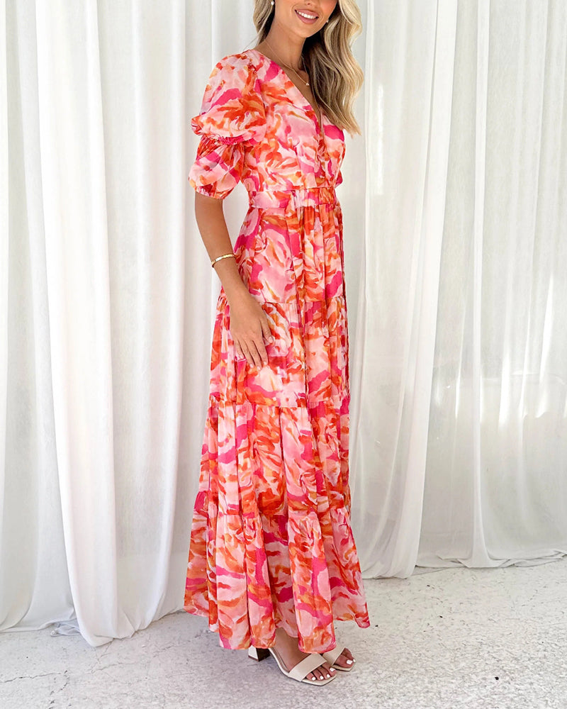 V-neck waist short sleeve dress