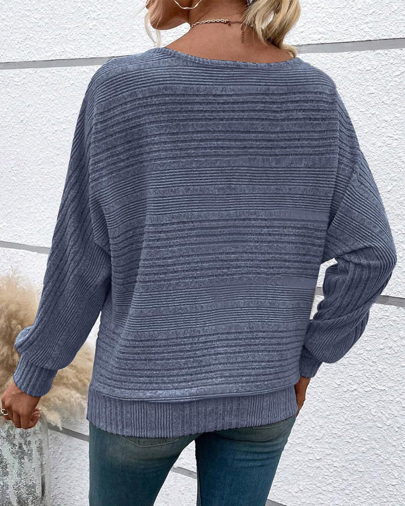 Solid Color Round Neck Long Sleeve Striped Top