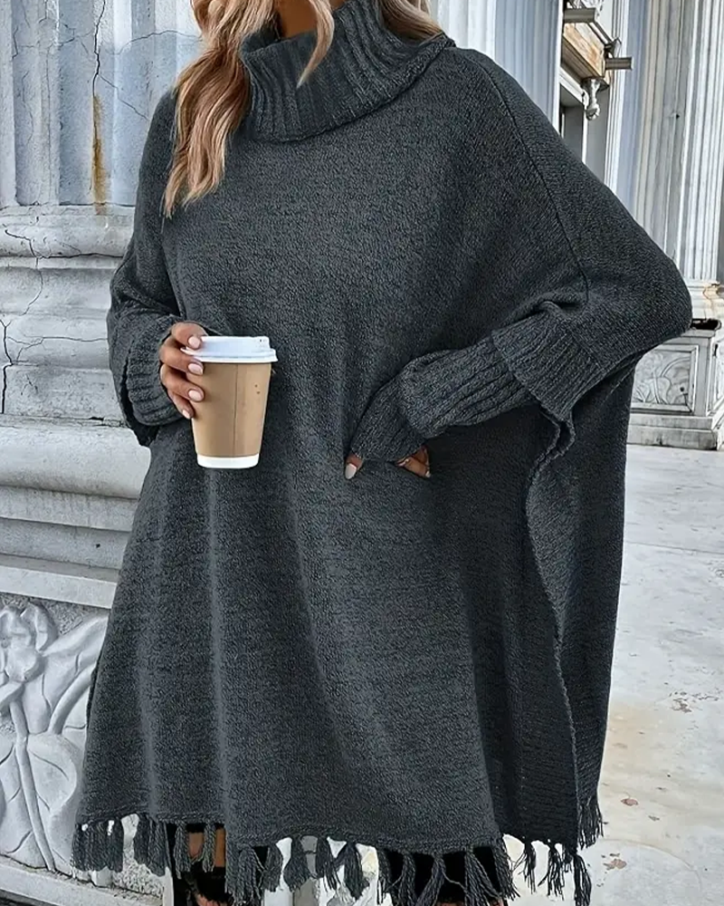 Turtleneck Batwing Sleeve Tassel Sweater