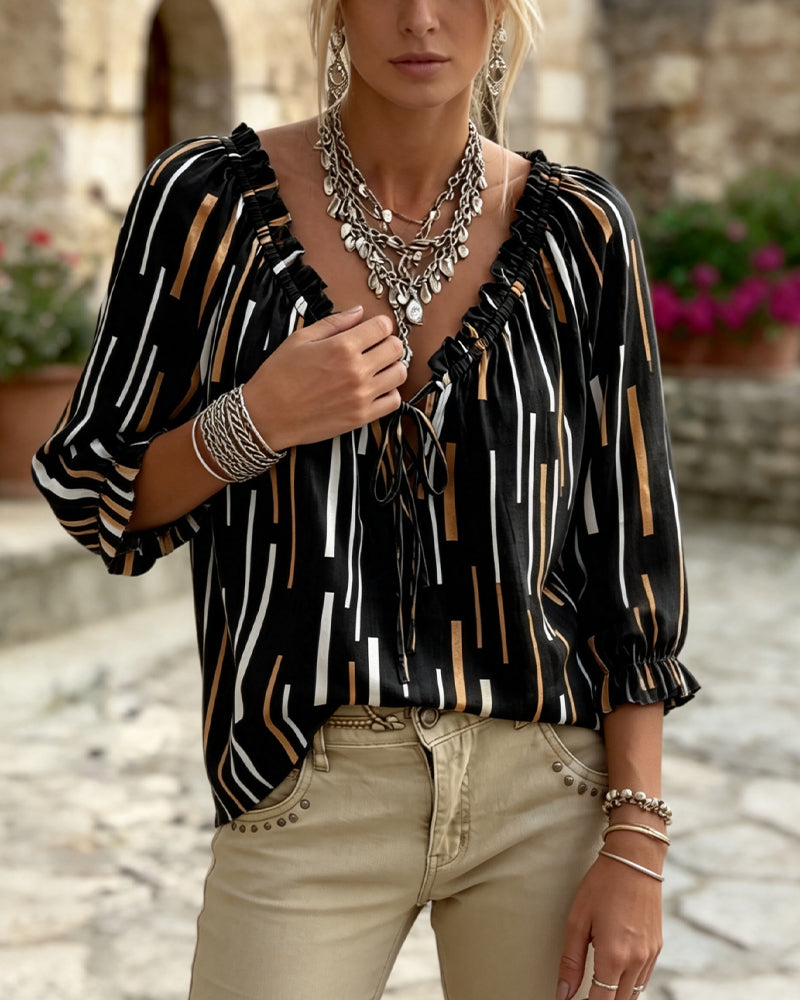 V-Neck Ruffle Trim Stripe Blouse