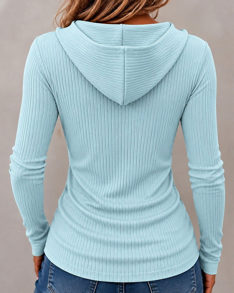 Hooded Zip Ribbed Pocket Top