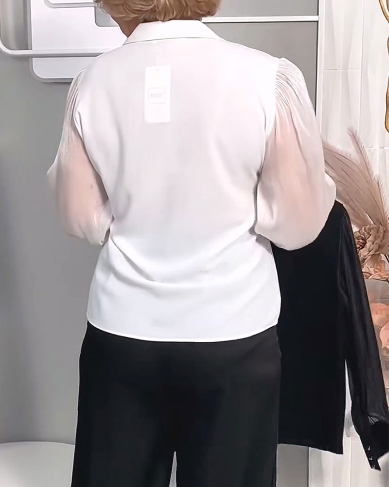 Lapel Button Puff Sleeve Shirt