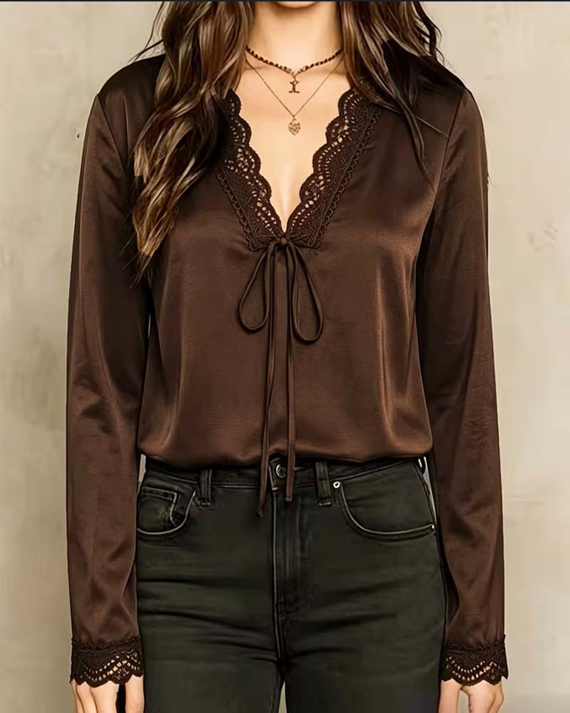 Long Sleeve V-Neck Lace Patchwork Blouse