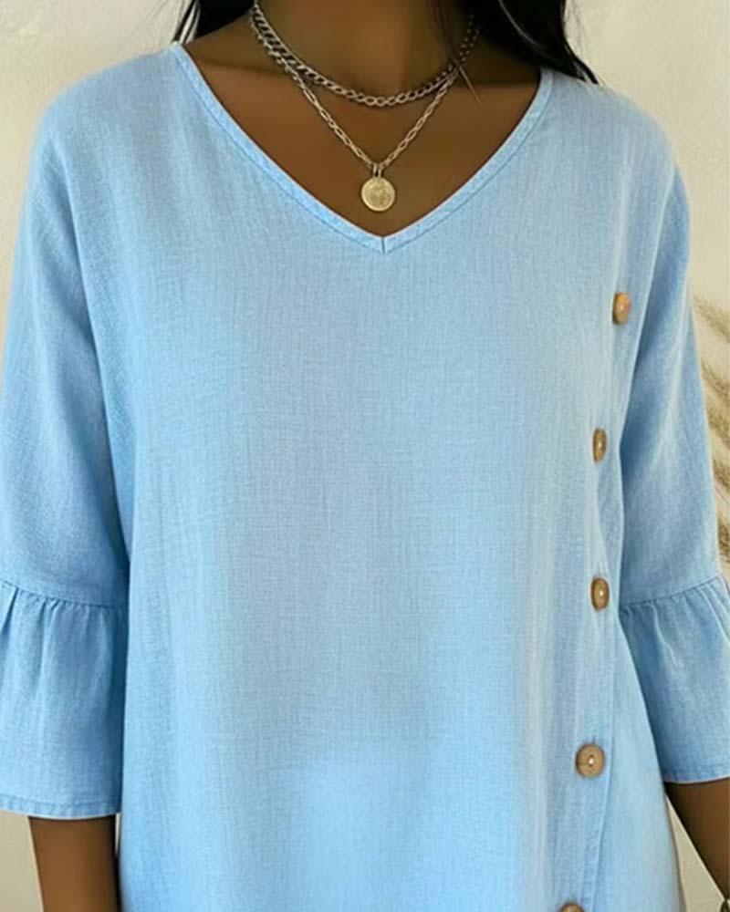 Side-Button Flared Sleeve Linen Blouse