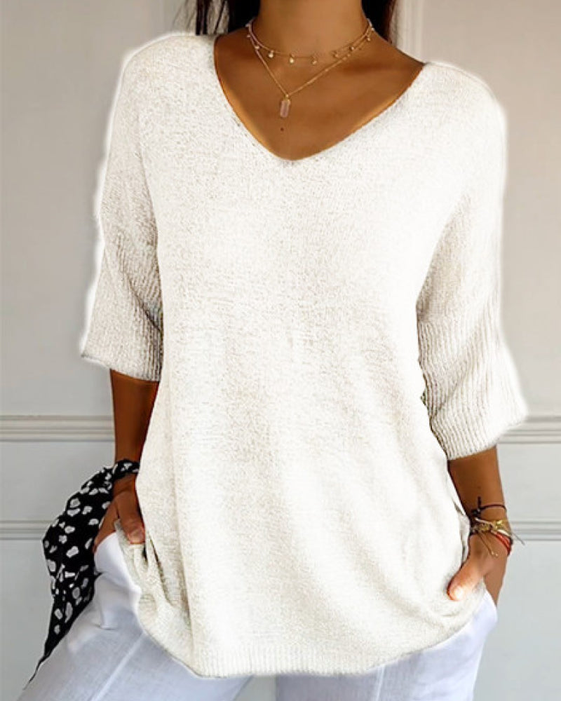 💖 Solid Color Knitted Top With V-Neck