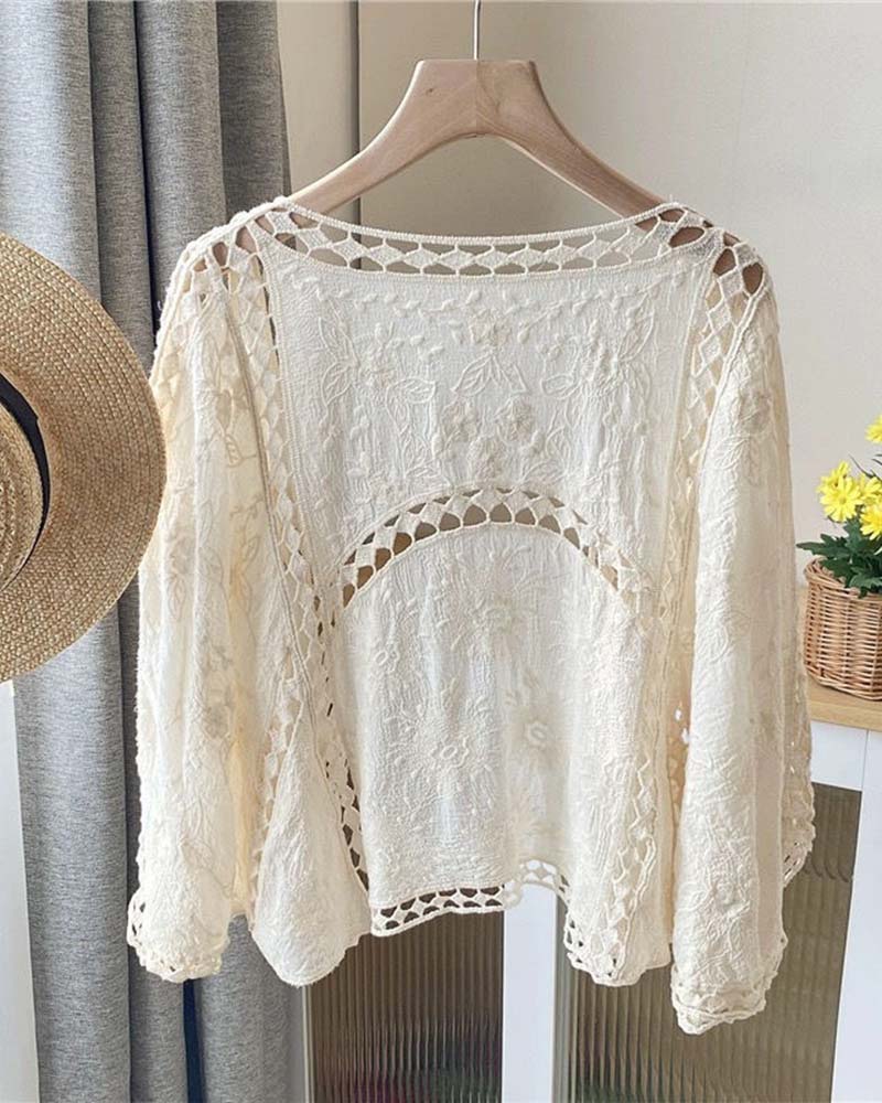Solid Color Long Sleeve Hollow Out Cover Up