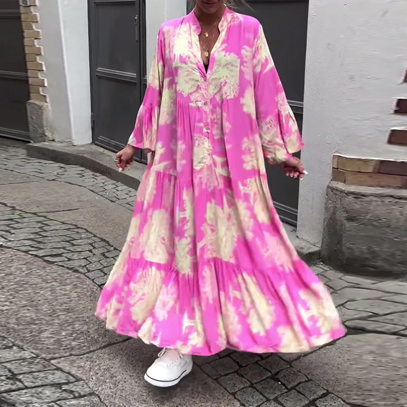 Loose printed V-neck bell sleeve patchwork dress