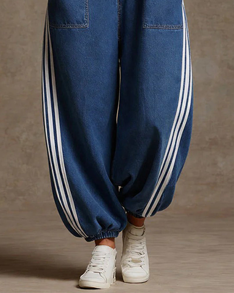 Striped Sleeveless Denim Jumpsuit