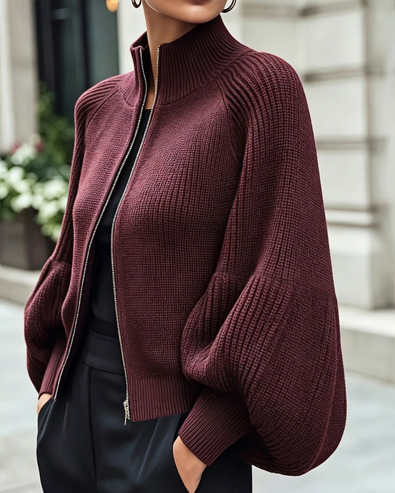 Stand-Collar Zipper Lantern Sleeve Coat