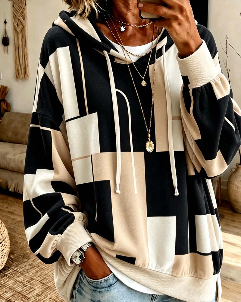 Geometric Print Color Block Drawstring Sweatshirt