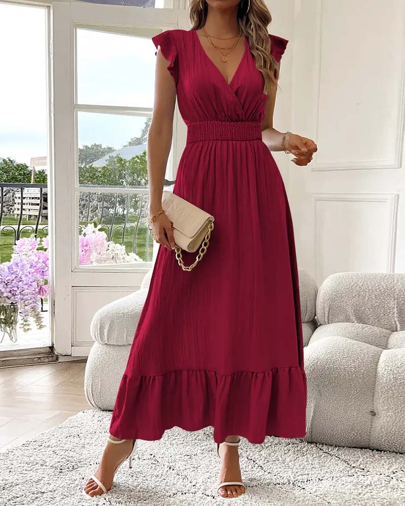 V-Neck Solid Color Waist Slim Dress