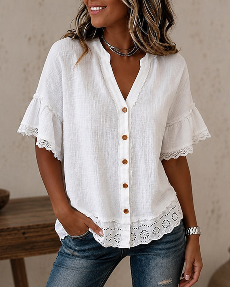 V-Neck Lace Patchwork Button Blouse