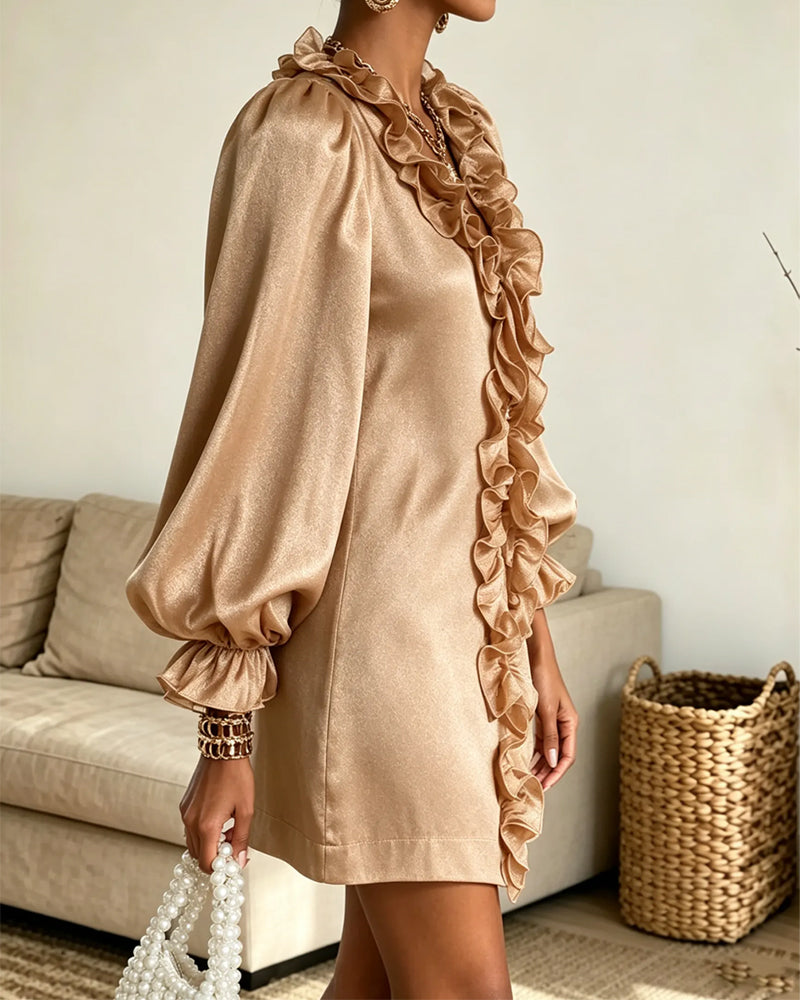 Puff-Sleeve Ruffle-Trim V-Neck Dress