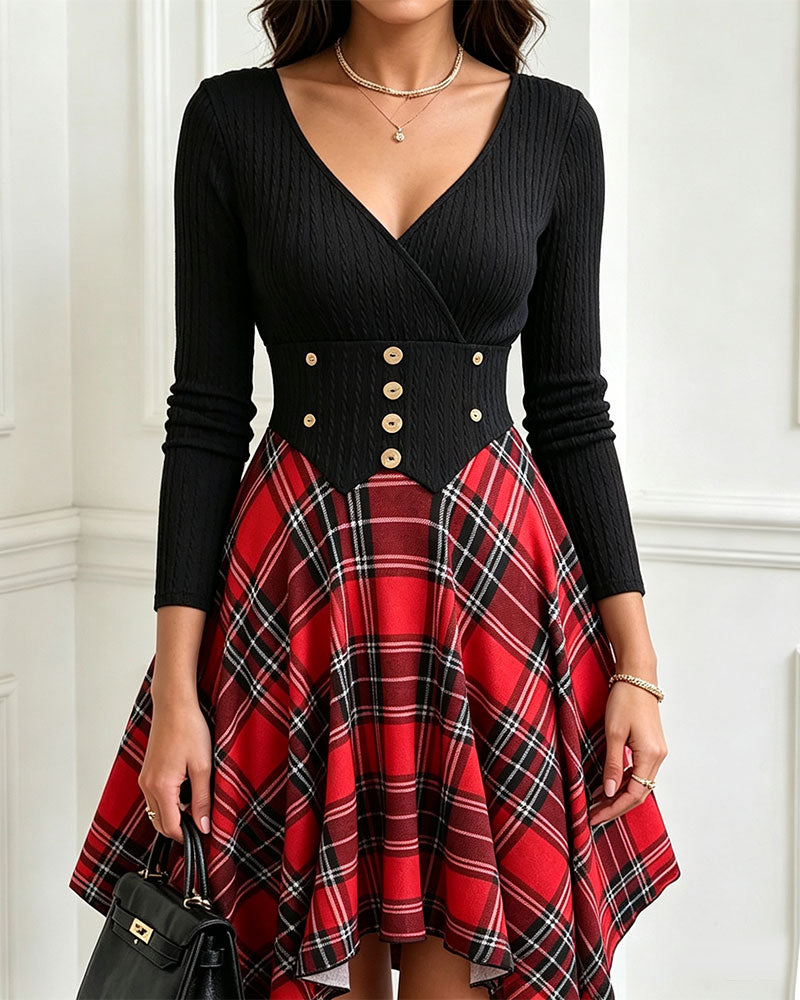 V-Neck Cross Plaid Dress