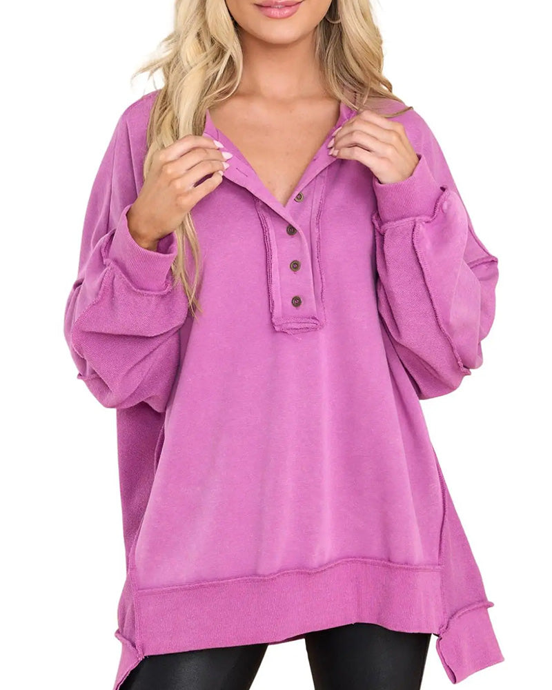 Button Irregular Solid Loose Sweatshirt