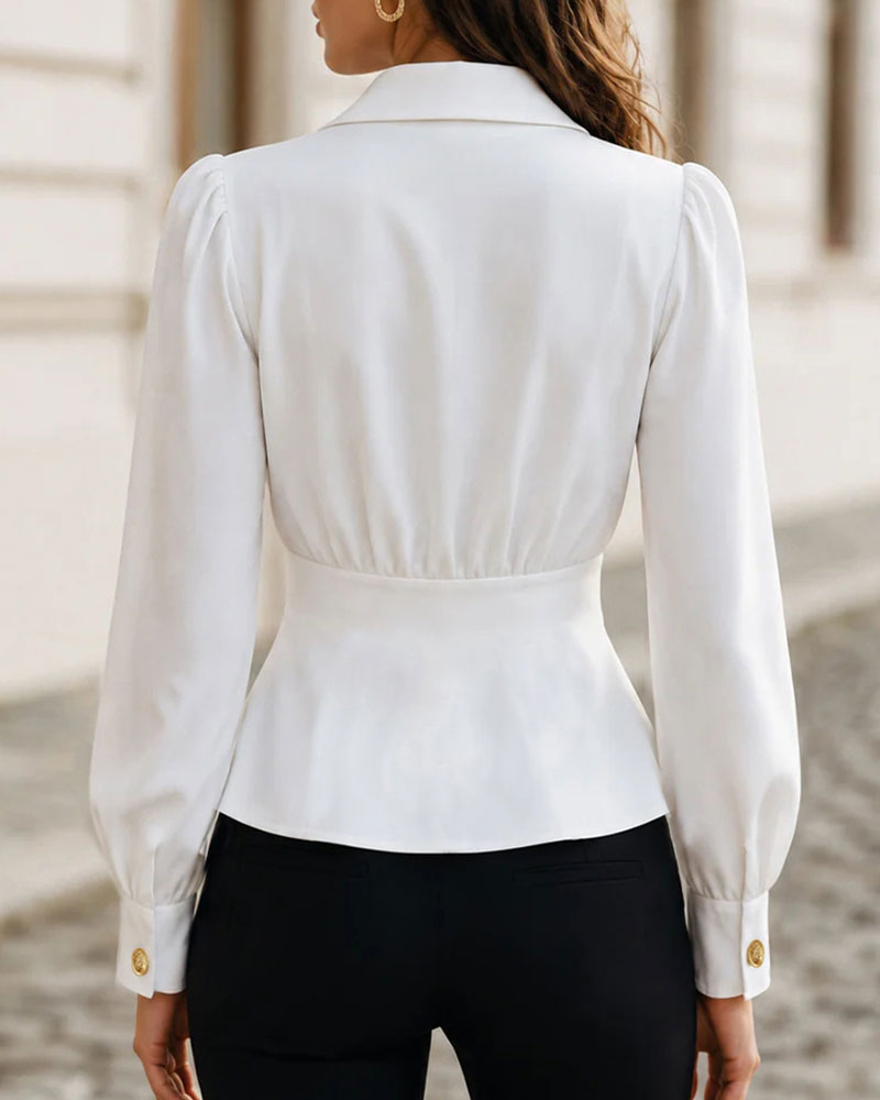 V-Neck Cinched Waist Button Puff Sleeve Blouse