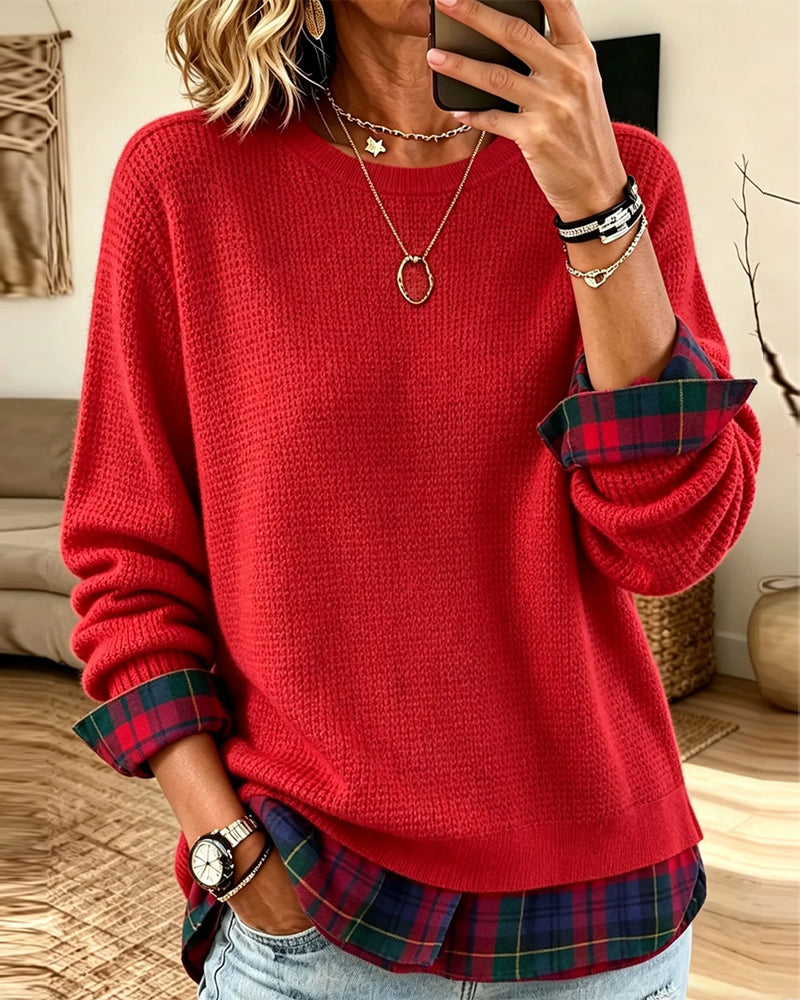 Round Neck Plaid Patchwork Fake Two Piece Pullover