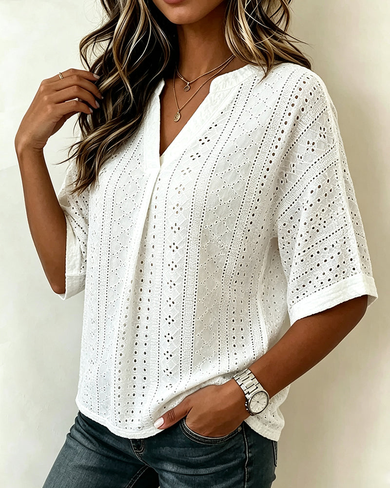 Solid V-Neck Cutout Mid-Sleeve Blouse