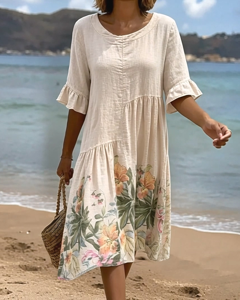 Ruffled Sleeve Printed Dress