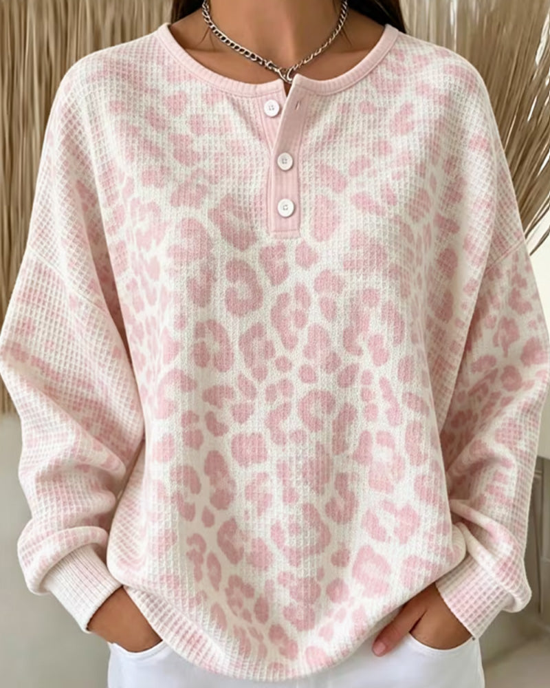 Crew-Neck Button-Down Leopard Casual Sweatshirt