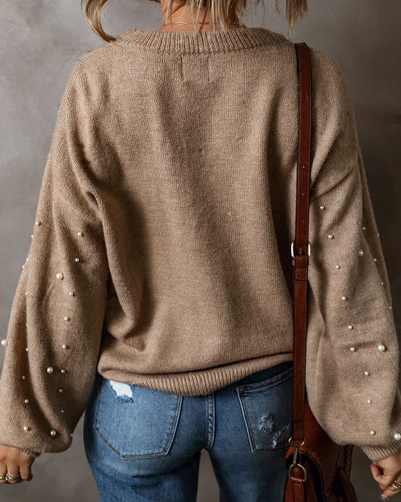 Beaded Long Sleeve Crew Neck Pullover
