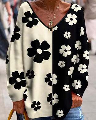 V-Neck Floral Color Block Loose T-Shirt