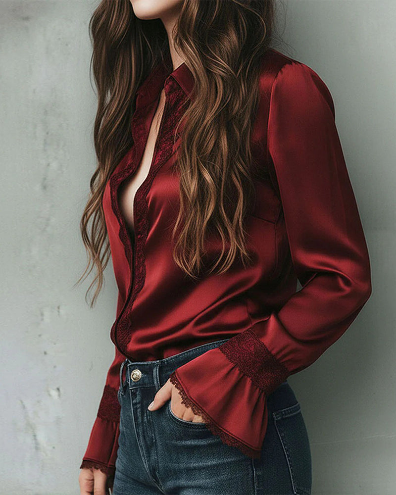 Satin Lace-Paneled Lapel Blouse